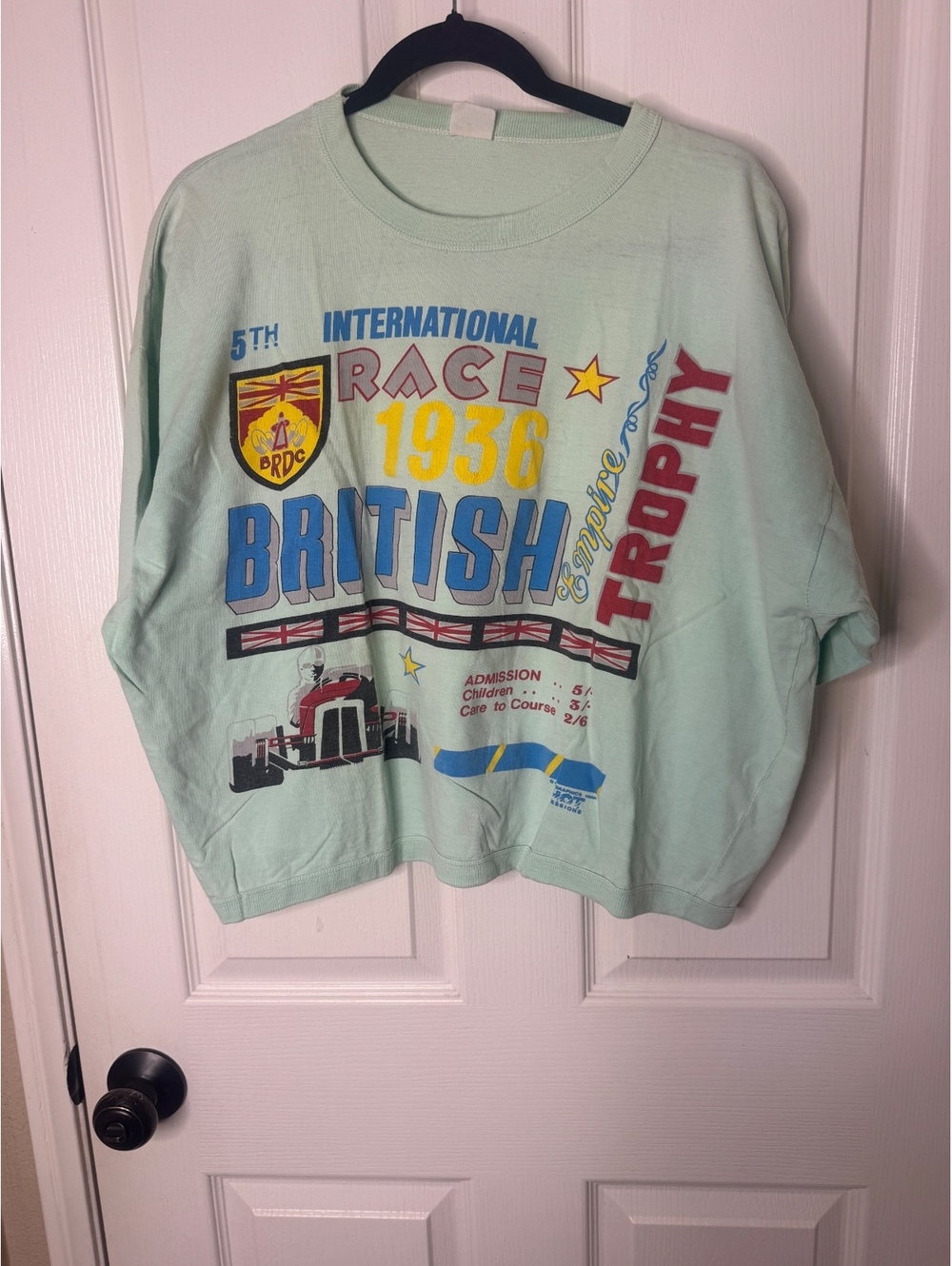 Vintage 1988 British Empire Trophy 1936 Race Graphic T Shirt Mint Green Boxy
